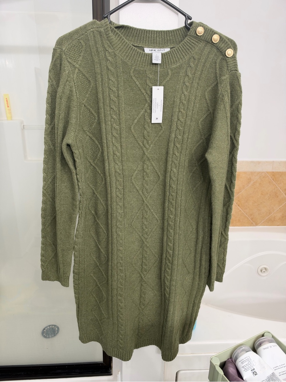 Nine West Olive Green Cable-Knit Sweater Dress with Shoulder Buttons